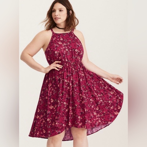 Torrid l 3X Fuschia Pink Novelty Butterfly Floral Elastic Waist High Low Dress - Picture 13 of 15